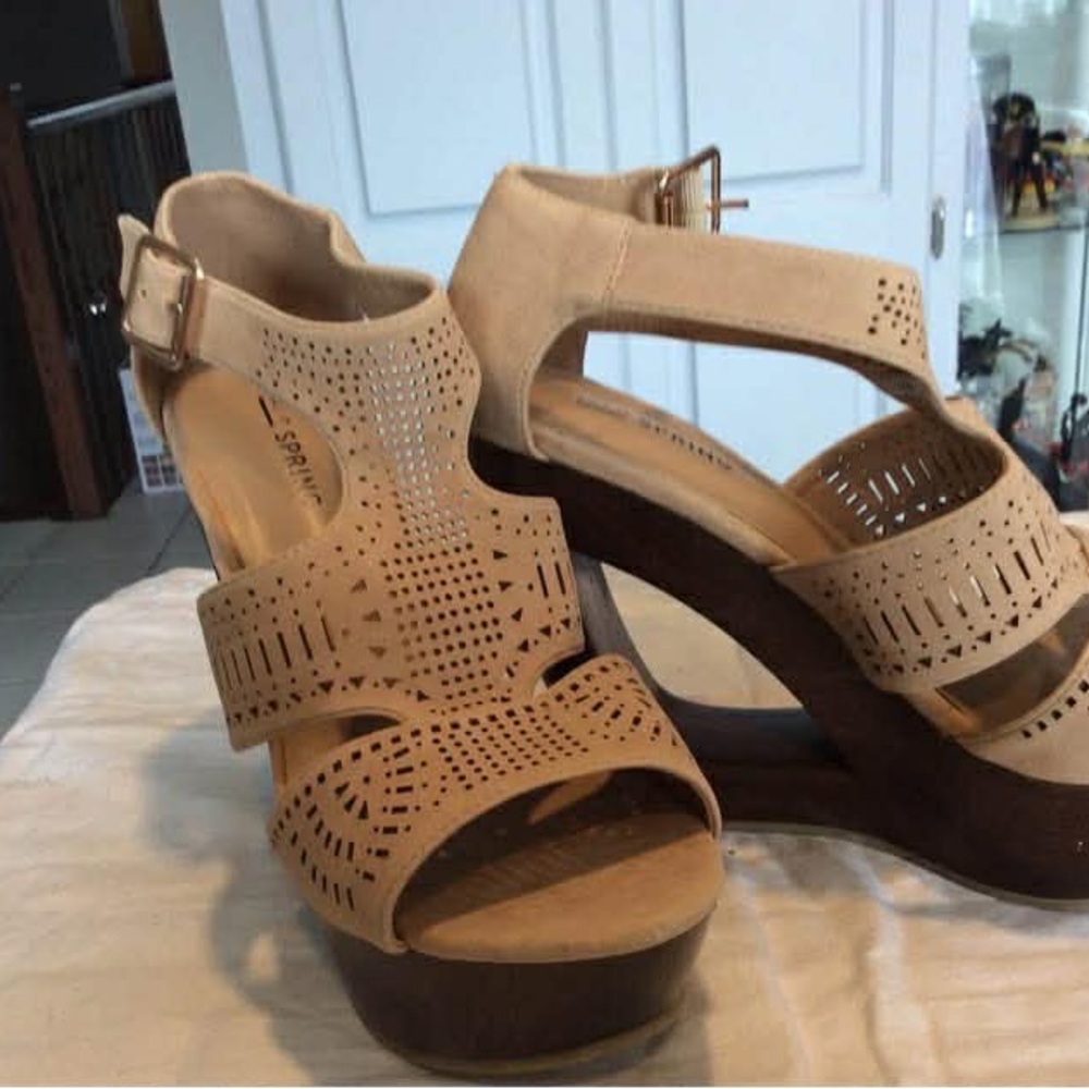 Call It Spring Tan Laser-Cut Wedge Sandals - Women